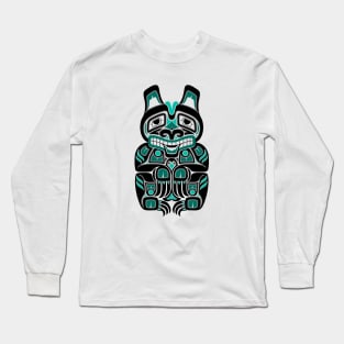 Teal Blue and Black Haida Spirit Bear Long Sleeve T-Shirt